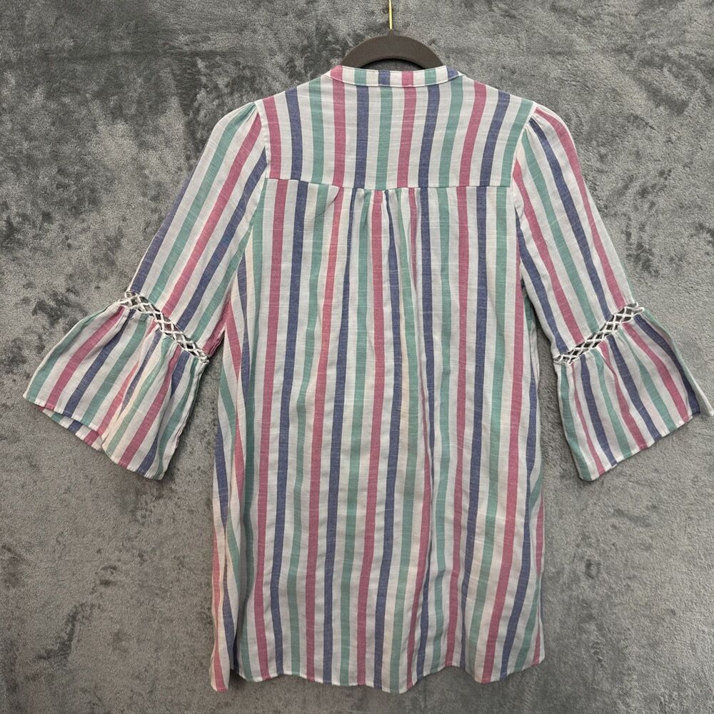 Oddi top med pullover striped 3/4 bell sleeve blue pink white vneck rayon blend - Picture 7 of 8
